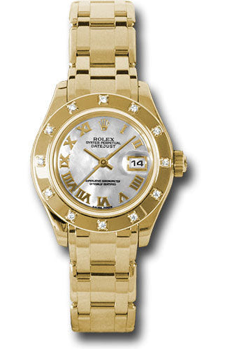 Rolex Yellow Gold Lady-Datejust Pearlmaster 29 Watch - 12 Diamond Bezel - Mother-Of-Pearl Roman Dial - 80318 mr