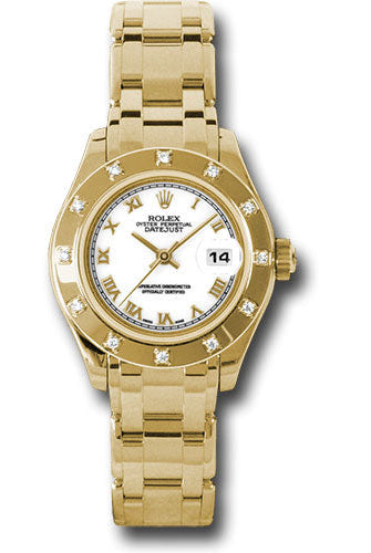 Rolex Yellow Gold Lady-Datejust Pearlmaster 29 Watch - 12 Diamond Bezel - White Roman Dial - 80318 wr