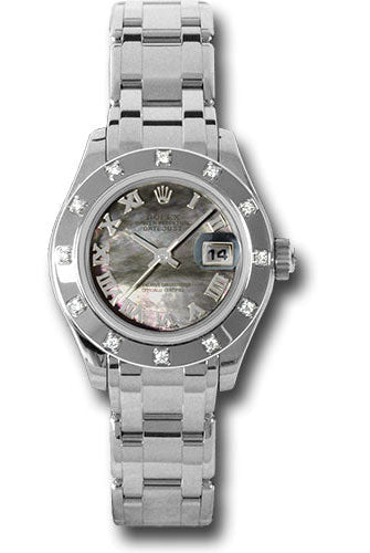 Rolex White Gold Lady-Datejust Pearlmaster 29 Watch - 12 Diamond Bezel - Dark Mother-Of-Pearl Roman Dial - 80319 dkmr
