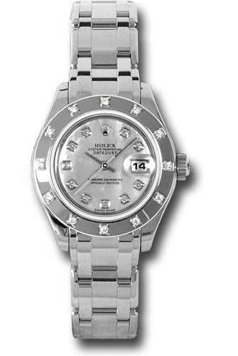 Rolex White Gold Lady-Datejust Pearlmaster 29 Watch - 12 Diamond Bezel - Mother-Of-Pearl Diamond Dial - 80319 md