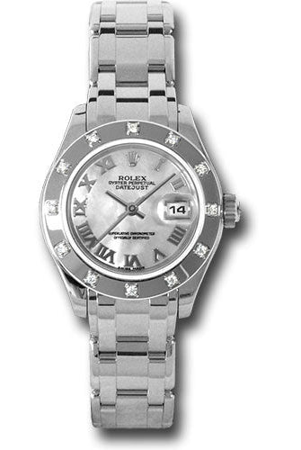 Rolex White Gold Lady-Datejust Pearlmaster 29 Watch - 12 Diamond Bezel - Mother-Of-Pearl Roman Dial - 80319 mr