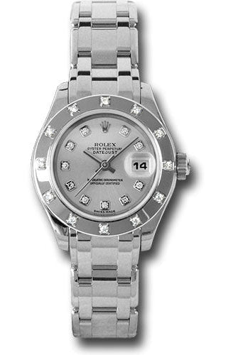 Rolex White Gold Lady-Datejust Pearlmaster 29 Watch - 12 Diamond Bezel - Silver Diamond Dial - 80319 sd
