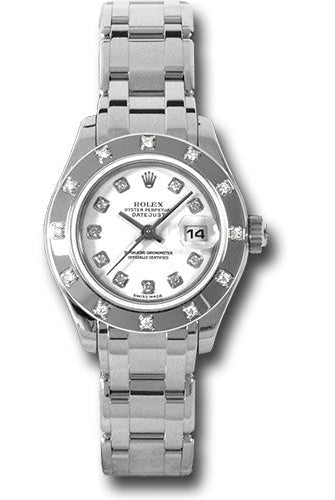 Rolex White Gold Lady-Datejust Pearlmaster 29 Watch - 12 Diamond Bezel - White Diamond Dial - 80319 wd