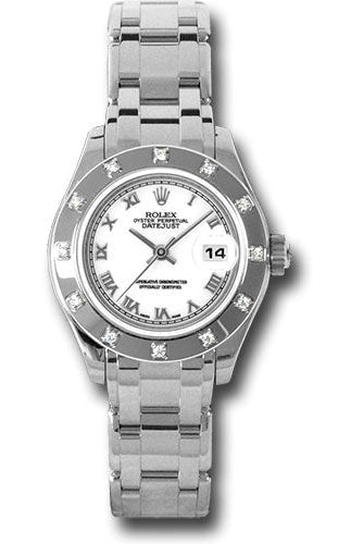 Rolex White Gold Lady-Datejust Pearlmaster 29 Watch - 12 Diamond Bezel - White Roman Dial - 80319 wr