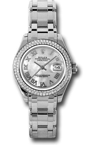 Rolex White Gold Lady-Datejust Pearlmaster 29 Watch - 116 Diamond Bezel - Mother-Of-Pearl Roman Dial - 80339 mr