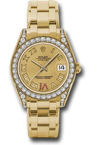 Rolex Yellow Gold Datejust Pearlmaster 34 Watch - 34 Diamond Bezel - Champagne Ruby Roman Vi Roman Dial - 81158 chrr