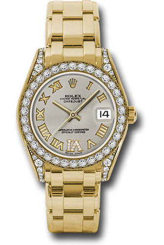 Rolex Yellow Gold Datejust Pearlmaster 34 Watch - 34 Diamond Bezel - Silver Roman Dial - 81158 sdr