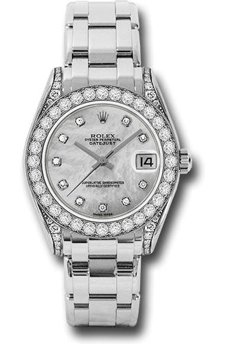 Rolex White Gold Datejust Pearlmaster 34 Watch - 34 Diamond Bezel - White Mother-Of-Pearl Diamond Dial - 81159 md