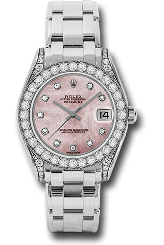 Rolex White Gold Datejust Pearlmaster 34 Watch - 34 Diamond Bezel - Pink Mother-Of-Pearl Diamond Dial - 81159 pmd
