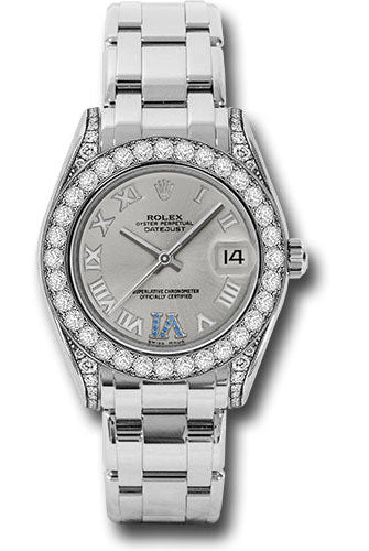 Rolex White Gold Datejust Pearlmaster 34 Watch - 34 Diamond Bezel - Silver Roman Dial - 81159 ssr