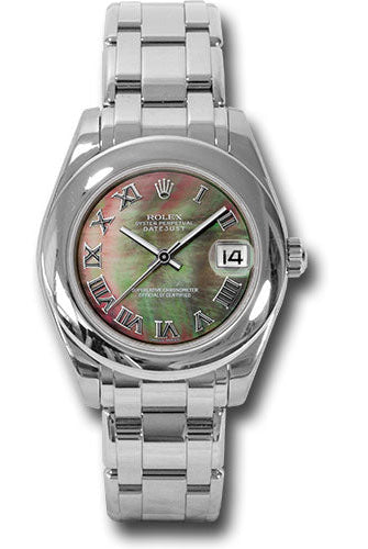 Rolex White Gold Datejust Pearlmaster 34 Watch - Domed Bezel - Grey Mother-Of-Pearl Roman Dial - 81209 dkmr