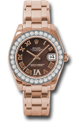 Rolex Everose Gold Datejust Pearlmaster 34 Watch - 32 Diamond Bezel - Chocolate Roman Dial - 81285 chodrp