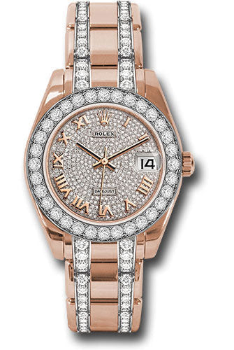 Rolex Everose Gold Datejust Pearlmaster 34 Watch - 32 Diamond Bezel - Diamond Paved Roman Dial - 81285 dprdp