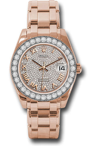 Rolex Everose Gold Datejust Pearlmaster 34 Watch - 32 Diamond Bezel - Diamond Paved Roman Dial - 81285 dprp