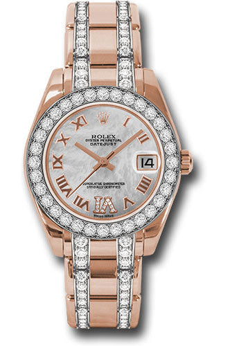 Rolex Everose Gold Datejust Pearlmaster 34 Watch - 32 Diamond Bezel - White Mother-Of-Pearl Roman Dial - 81285 mdrdp