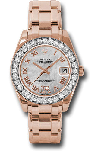 Rolex Everose Gold Datejust Pearlmaster 34 Watch - 32 Diamond Bezel - White Mother-Of-Pearl Roman Dial - 81285 mdrp