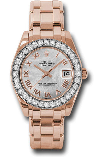 Rolex Everose Gold Datejust Pearlmaster 34 Watch - 32 Diamond Bezel - Mother-Of-Pearl Roman Dial - 81285 mrp