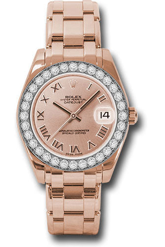 Rolex Everose Gold Datejust Pearlmaster 34 Watch - 32 Diamond Bezel - Pink Roman Dial - 81285 prp