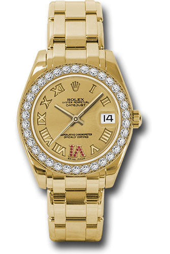 Rolex Yellow Gold Datejust Pearlmaster 34 Watch - 34 Diamond Bezel - Champagne Ruby Roman Vi Roman Dial - 81298 chrr