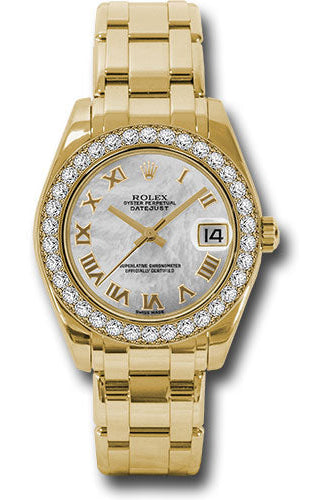 Rolex Yellow Gold Datejust Pearlmaster 34 Watch - 34 Diamond Bezel - White Mother-Of-Pearl Roman Dial - 81298 mr