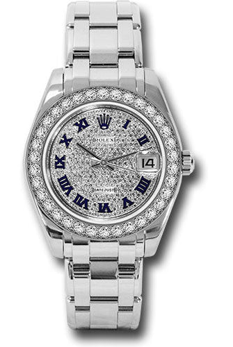 Rolex White Gold Datejust Pearlmaster 34 Watch - 34 Diamond Bezel - Diamond Paved Roman Dial - 81299 dpr