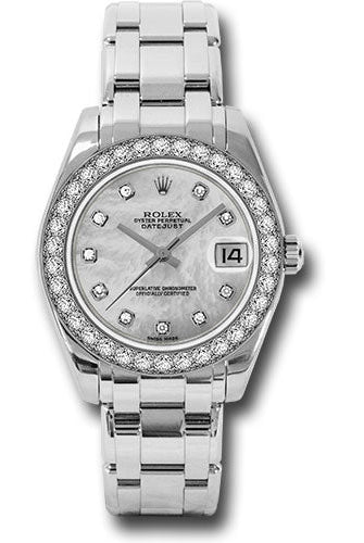 Rolex White Gold Datejust Pearlmaster 34 Watch - 34 Diamond Bezel - White Mother-Of-Pearl Diamond Dial - 81299 md