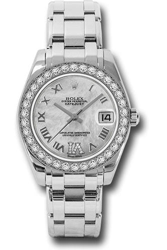 Rolex White Gold Datejust Pearlmaster 34 Watch - 34 Diamond Bezel - White Mother-Of-Pearl Roman Dial - 81299 mdr