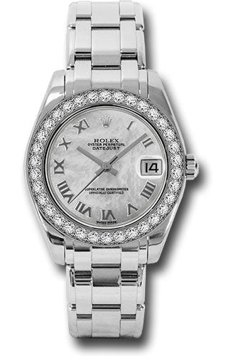 Rolex White Gold Datejust Pearlmaster 34 Watch - 34 Diamond Bezel - White Mother-Of-Pearl Roman Dial - 81299 mr