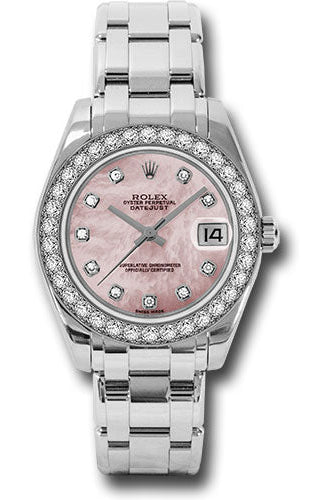 Rolex White Gold Datejust Pearlmaster 34 Watch - 34 Diamond Bezel - Pink Mother-Of-Pearl Diamond Dial - 81299 pmd