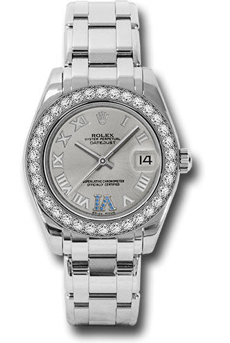 Rolex White Gold Datejust Pearlmaster 34 Watch - 34 Diamond Bezel - Silver Roman Dial - 81299 ssr