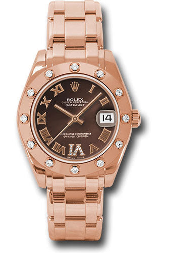 Rolex Everose Gold Datejust Pearlmaster 34 Watch - 12 Diamond Bezel - Chocolate Roman Dial - 81315 chodr