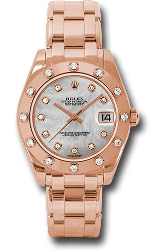 Rolex Pink Gold Datejust Pearlmaster 34 Watch - 12 Diamond Bezel - Mother-Of-Pearl Diamond Dial - 81315 md