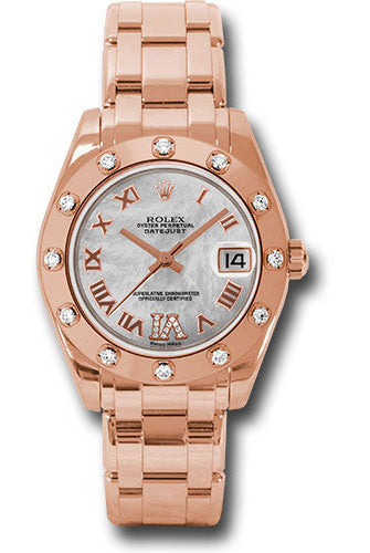 Rolex Everose Gold Datejust Pearlmaster 34 Watch - 12 Diamond Bezel - White Mother-Of-Pearl Roman Dial - 81315 mdr