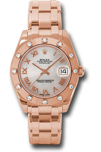 Rolex Pink Gold Datejust Pearlmaster 34 Watch - 12 Diamond Bezel - Mother-Of-Pearl Roman Dial - 81315 mr