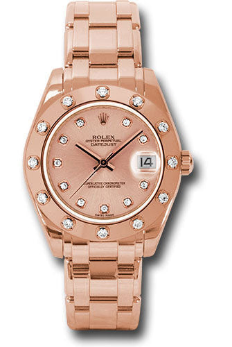 Rolex Pink Gold Datejust Pearlmaster 34 Watch - 12 Diamond Bezel - Pink Diamond Dial - 81315 pchd