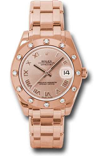 Rolex Everose Gold Datejust Pearlmaster 34 Watch - 12 Diamond Bezel - Pink Roman Dial - 81315 pr