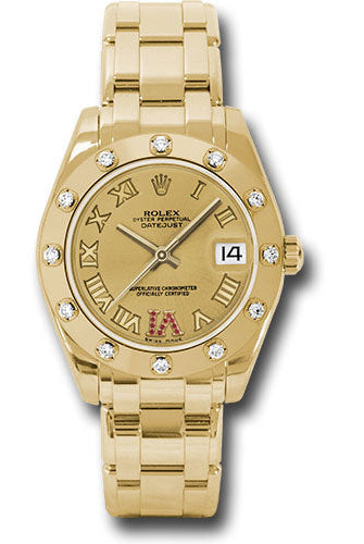 Rolex Yellow Gold Datejust Pearlmaster 34 Watch - 12 Diamond Bezel - Champagne Ruby Roman Vi Roman Dial - 81318 chrr