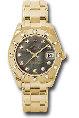 Rolex Yellow Gold Datejust Pearlmaster 34 Watch - 12 Diamond Bezel - Black Mother-Of-Pearl Diamond Dial - 81318 dkmd