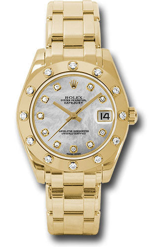Rolex Yellow Gold Datejust Pearlmaster 34 Watch - 12 Diamond Bezel - White Mother-Of-Pearl Diamond Dial - 81318 md