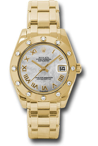 Rolex Yellow Gold Datejust Pearlmaster 34 Watch - 12 Diamond Bezel - White Mother-Of-Pearl Roman Dial - 81318 mr