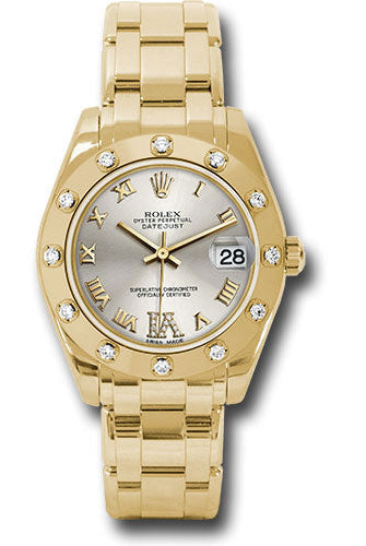 Rolex Yellow Gold Datejust Pearlmaster 34 Watch - 12 Diamond Bezel - Silver Diamond Roman VI Dial - 81318 sdr6