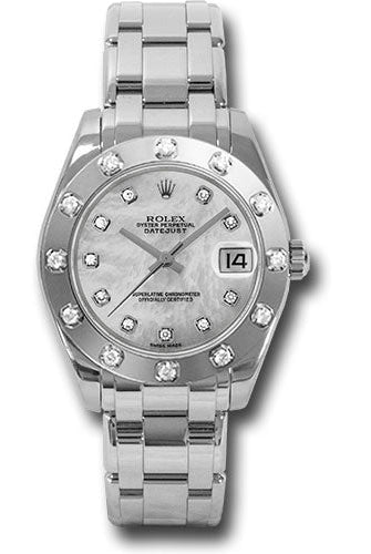 Rolex White Gold Datejust Pearlmaster 34 Watch - 12 Diamond Bezel - White Mother-Of-Pearl Diamond Dial - 81319 md