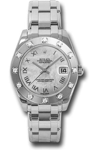Rolex White Gold Datejust Pearlmaster 34 Watch - 12 Diamond Bezel - White Mother-Of-Pearl Roman Dial - 81319 mr