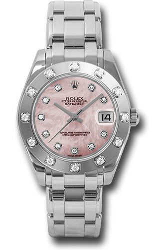Rolex White Gold Datejust Pearlmaster 34 Watch - 12 Diamond Bezel - Pink Mother-Of-Pearl Diamond Dial - 81319 pmd