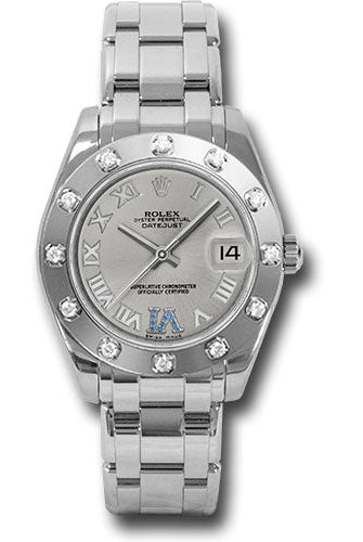 Rolex White Gold Datejust Pearlmaster 34 Watch - 12 Diamond Bezel - Silver Roman Dial - 81319 ssr