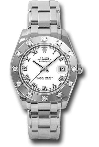 Rolex White Gold Datejust Pearlmaster 34 Watch - 12 Diamond Bezel - White Roman Dial - 81319 wr