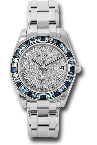 Rolex White Gold Datejust Pearlmaster 34 Watch - 12 Blue And 24 Light-Blue Sapphire Baguettes Bezel - Diamond Paved Roman