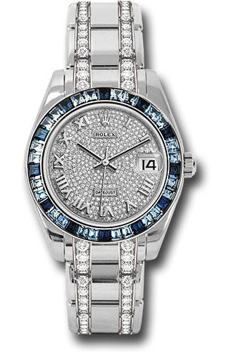 Rolex White Gold Datejust Pearlmaster 34 Watch - 12 Blue And 24 Light-Blue Sapphire Baguettes Bezel - Diamond Paved Roman