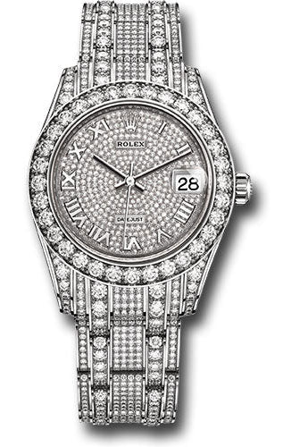Rolex White Gold Pearlmaster 34 Watch - Diamond Lugs - Diamond Bezel - Diamond-Paved Roman Dial - Diamond Pearlmaster
