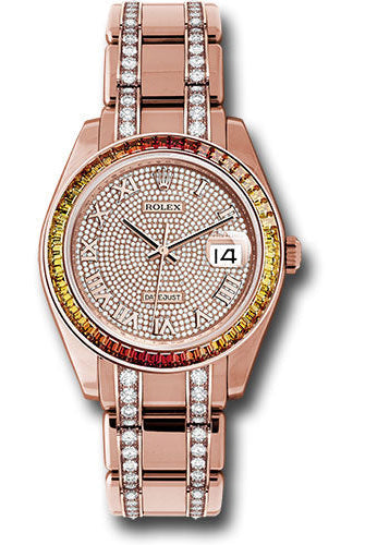 Rolex Everose Gold Datejust Pearlmaster 39 Watch - 48 Orange To Yellow Gradient Baguette-Cut Sapphires Bezel - 18K Everose